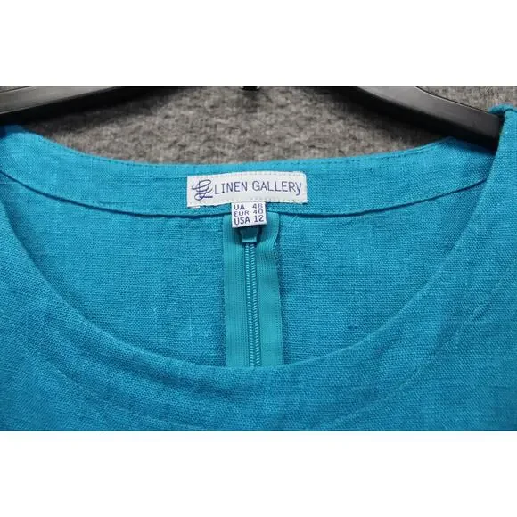 Linen Gallery Dress Womens 12 Midi Pintuck Teal 3/4 Sleeve - Picture 3 of 6